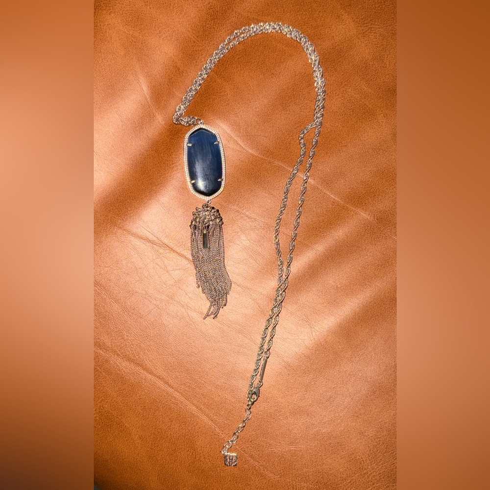 Kendra Scott Rayne Silver Navy CatsEye Large Long Pendant